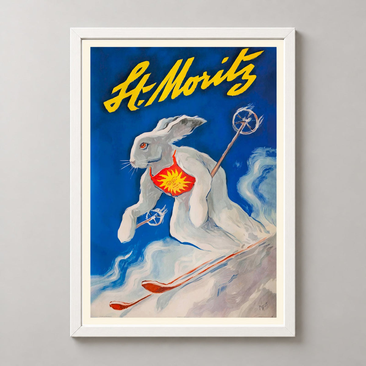St Moritz Switzerland Vintage Downhill Ski Bunny Poster — realistic white frame studio view