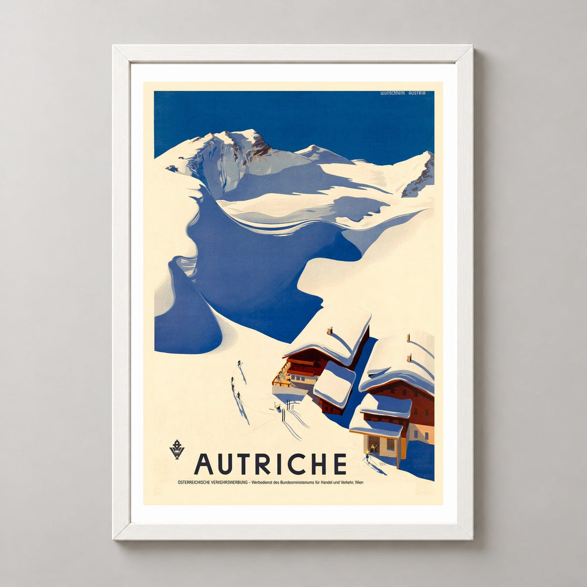 Austria Autriche Vintage Ski Poster — realistic white frame studio view