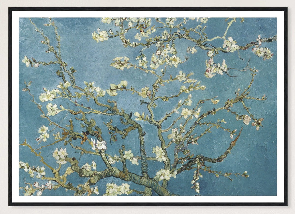 Almond Blossom in a black frame; landscape front-view mockup