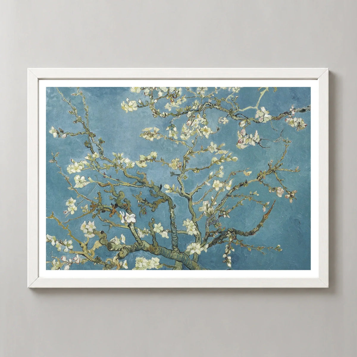 Van Gogh's Almond Blossom - Stunning Post-Impressionist Art Print in a white frame, front view
