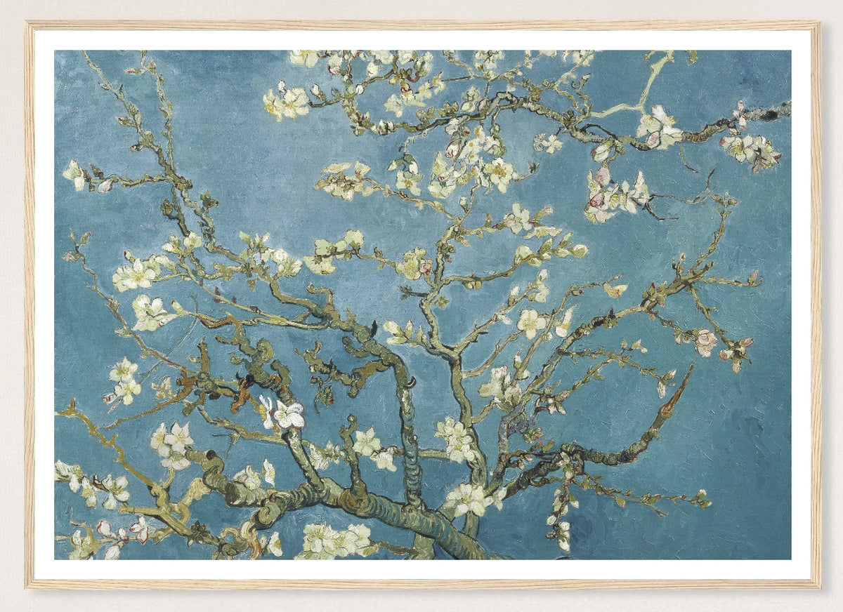 Almond Blossom in a natural wood frame; landscape front-view mockup