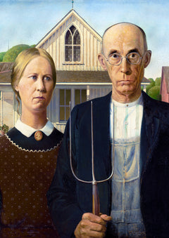 American Gothic Art Print by Grant Wood. Two figures stand before a timber house in Grant Wood’s sharply observed portrait