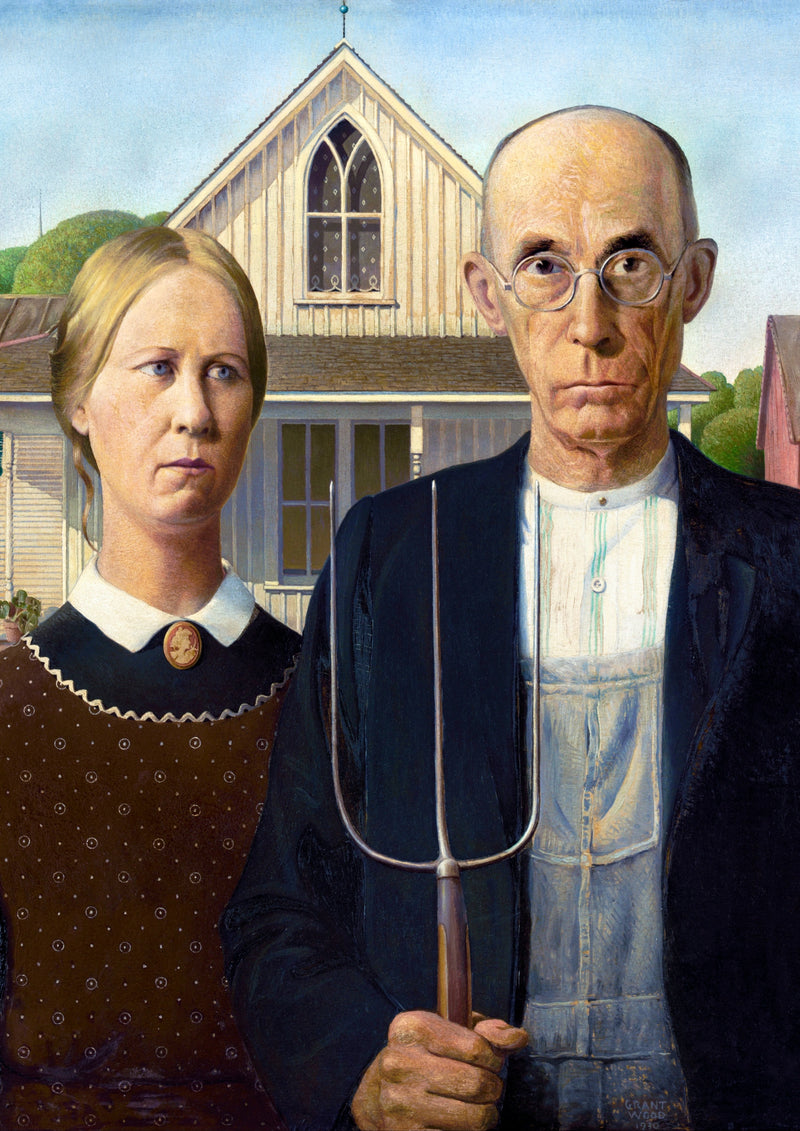 American Gothic Art Print by Grant Wood. Two figures stand before a timber house in Grant Wood’s sharply observed portrait