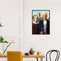 American Gothic in a black frame above a dining table; styled room mockup