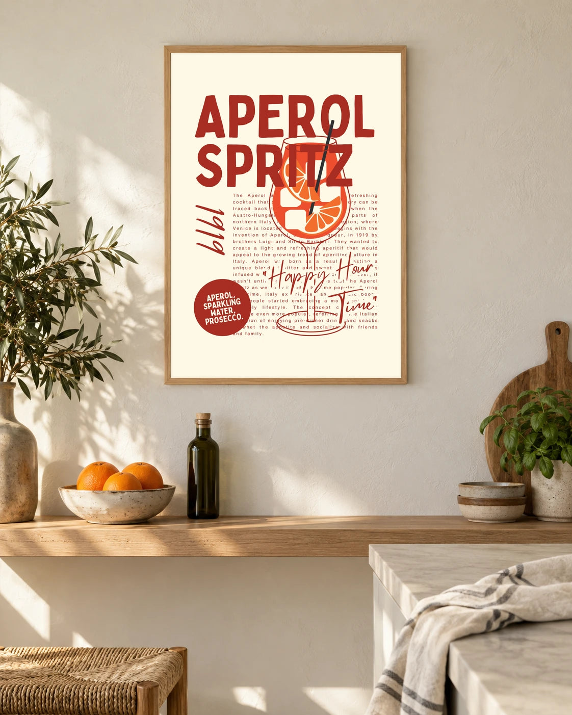 Aperol Spritz Aperitivo — styled room visualisation in a natural wood frame
