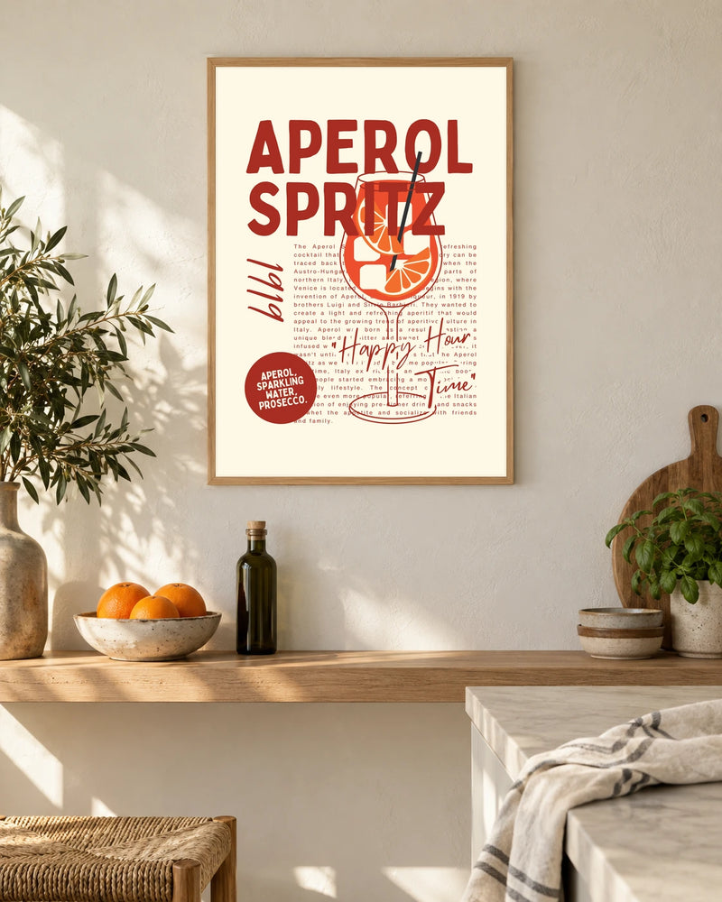 Aperol Spritz Aperitivo — styled room visualisation in a natural wood frame