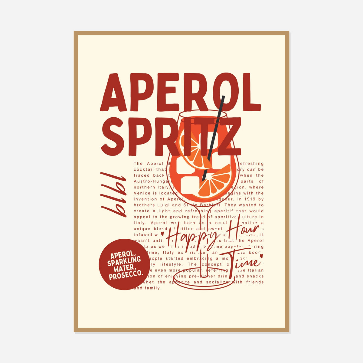 Aperol Spritz Aperitivo — front view in a natural wood frame
