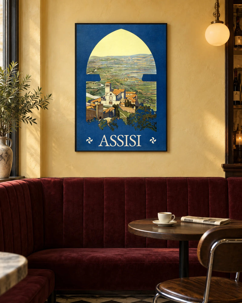 Assisi — Through the Arch — styled room visualisation in a black frame