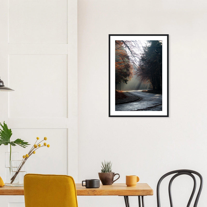 Autumn Forest in a black frame above a dining table; styled room mockup