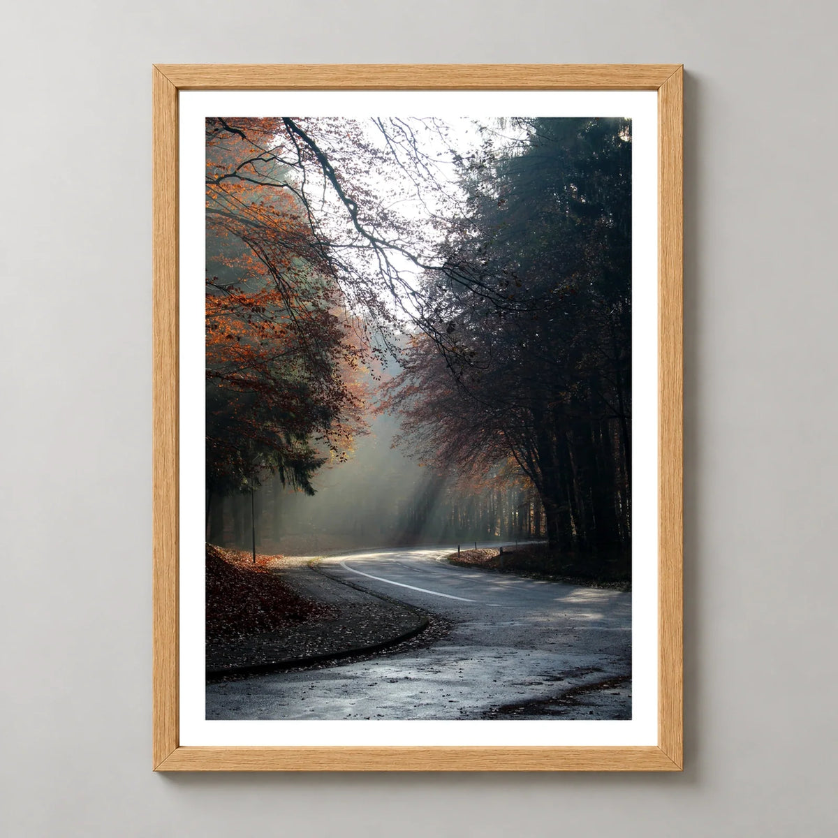 Autumn Forest Photographic Art Print — realistic natural wood frame studio view with white border