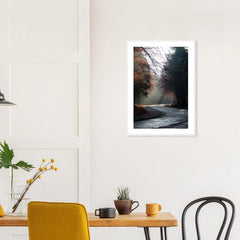 Autumn Forest in a white frame above a dining table; styled room mockup