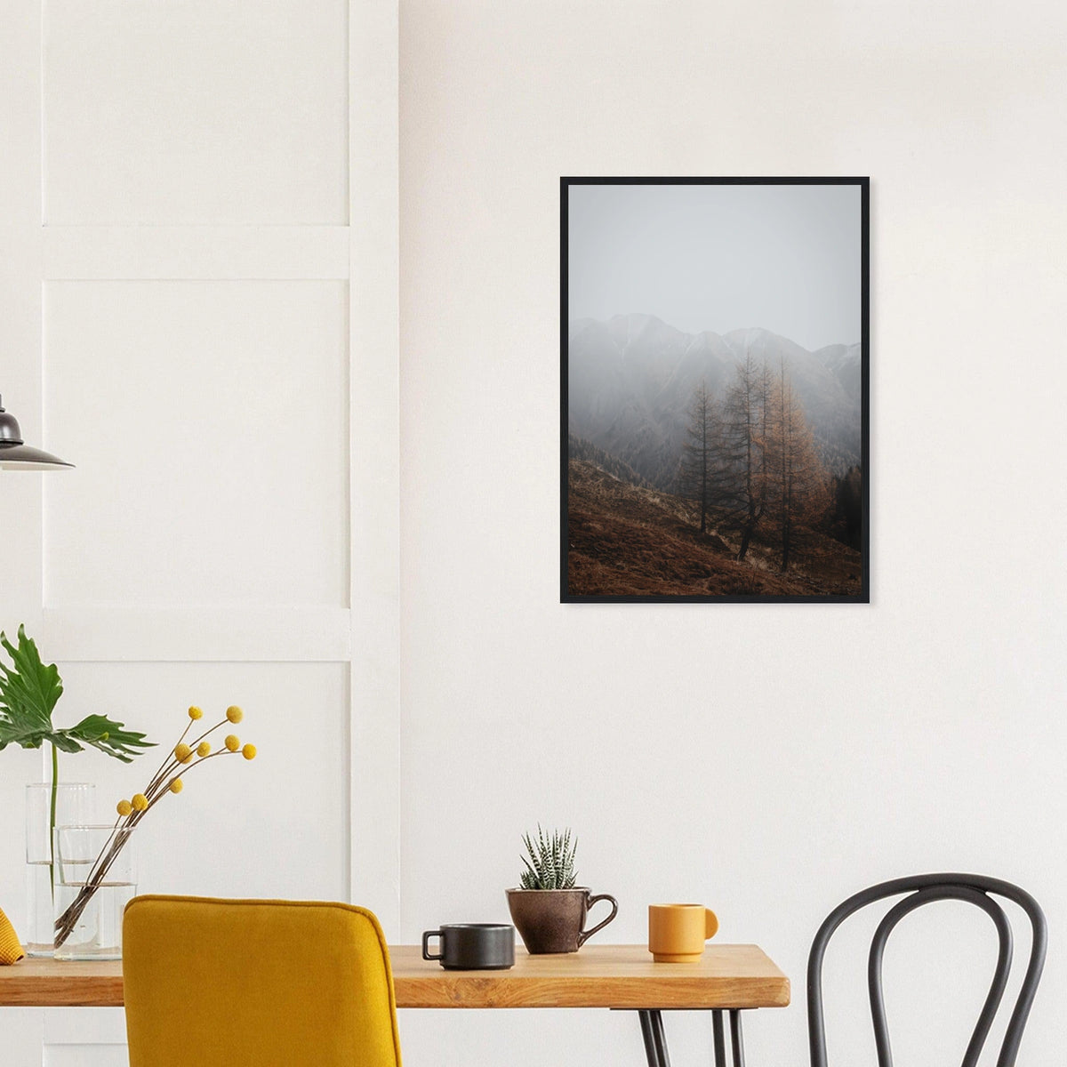 Autumn Mist in a black frame above a dining table; styled room mockup