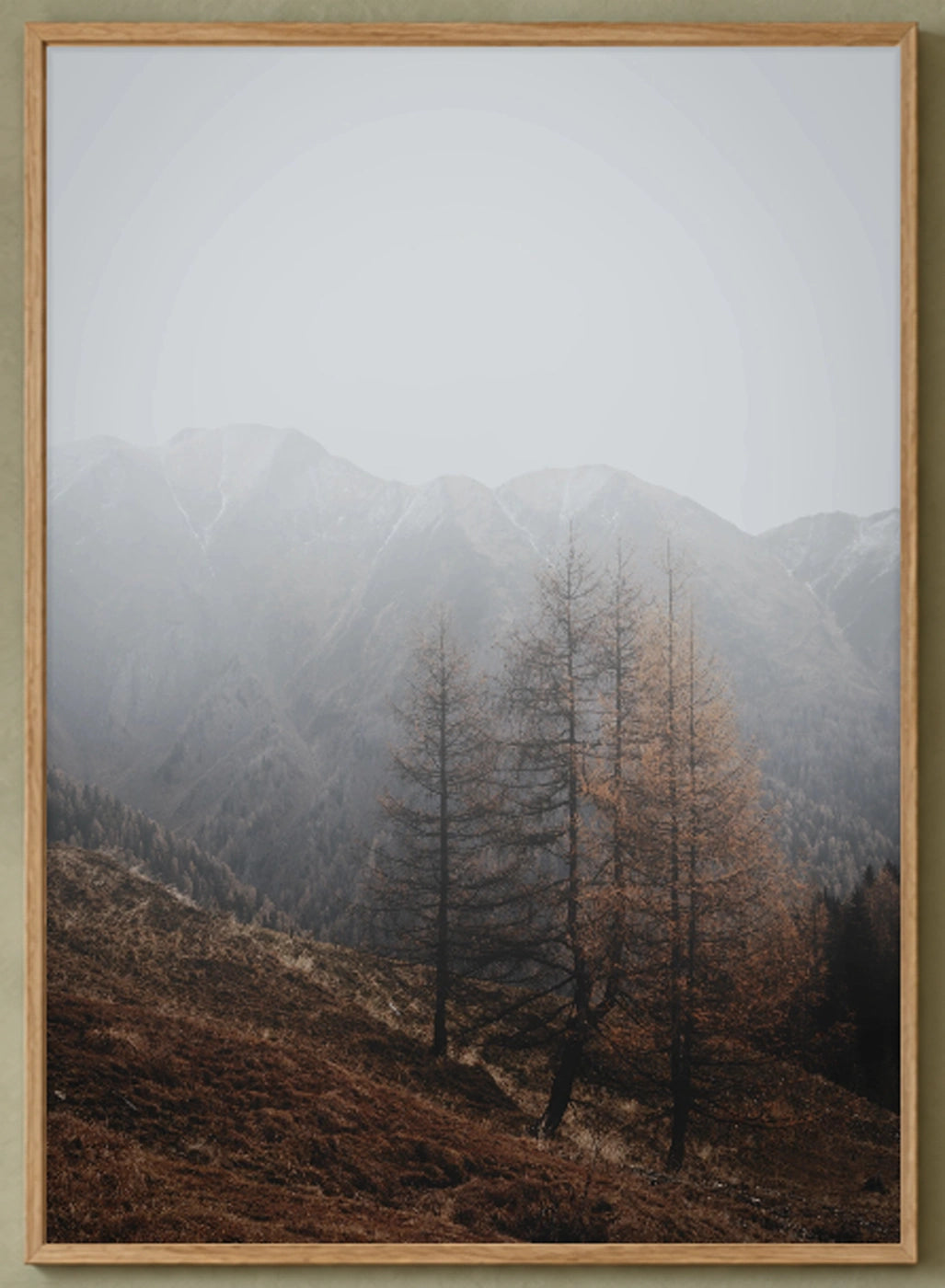 Autumn Mist Mountain Forest Photographic Print in a natural wood frame; close-up of the framed artwork.