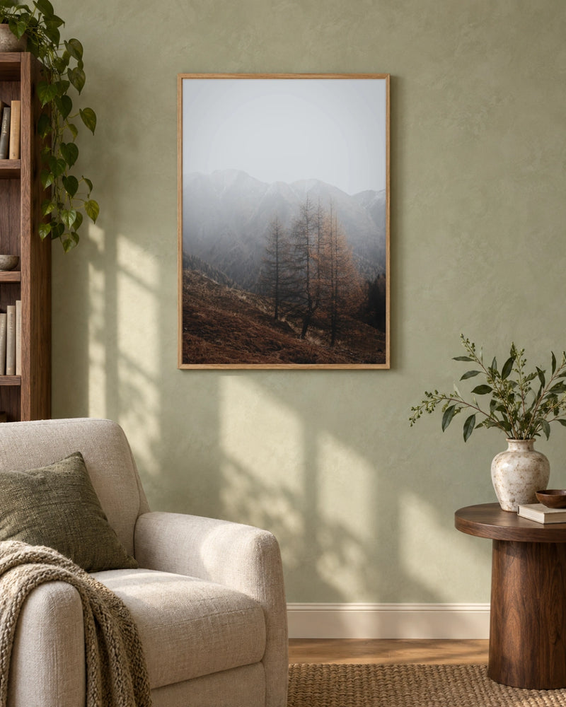 Autumn Mist Mountain Forest Photographic Print in a natural wood frame; styled botanical setting.