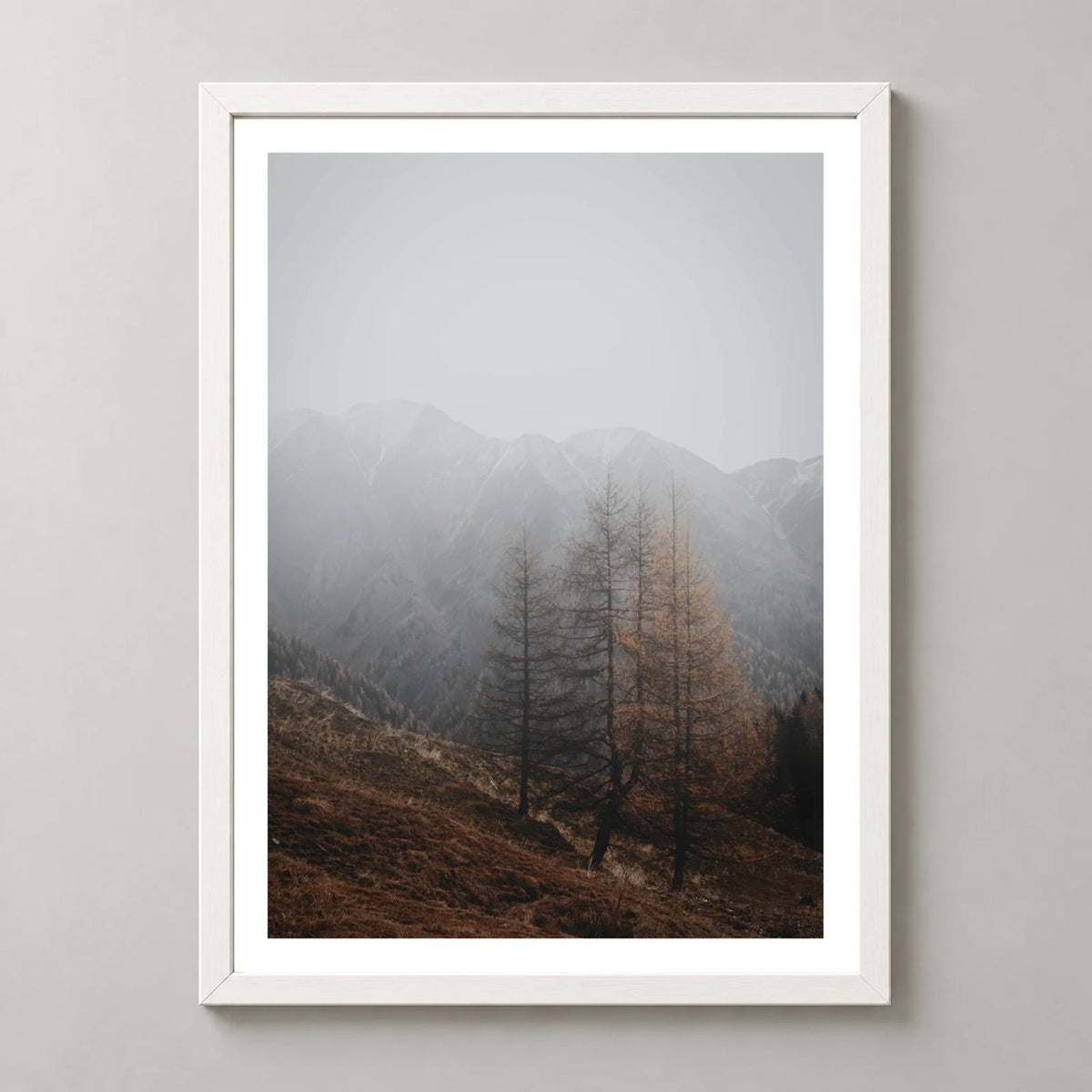 Autumn Mist Mountain Forest Photographic Print — realistic white frame studio view with white border