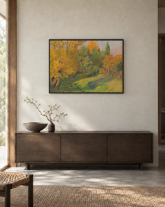 Autumn Path — styled room visualisation in a black frame
