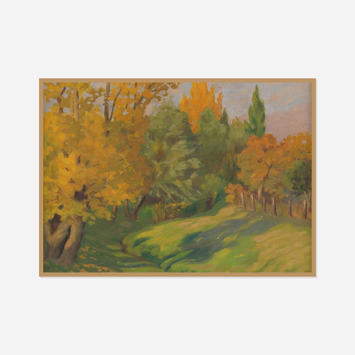 Autumn Path — front view in a natural wood frame