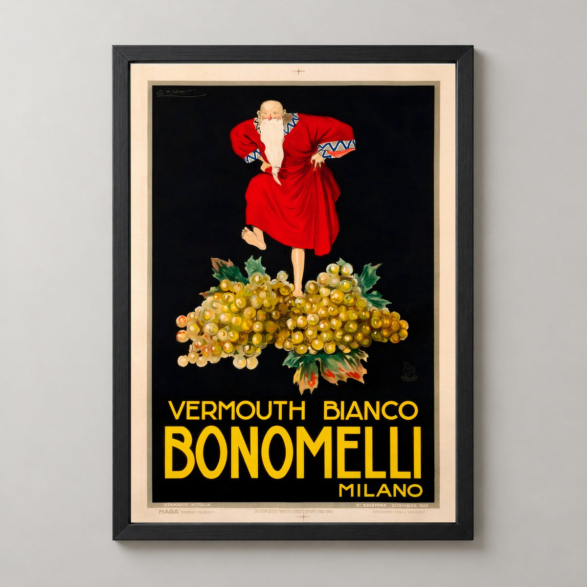 Vermouth Bianco Bonomelli Milano Vintage Advertising Poster — realistic black frame studio view