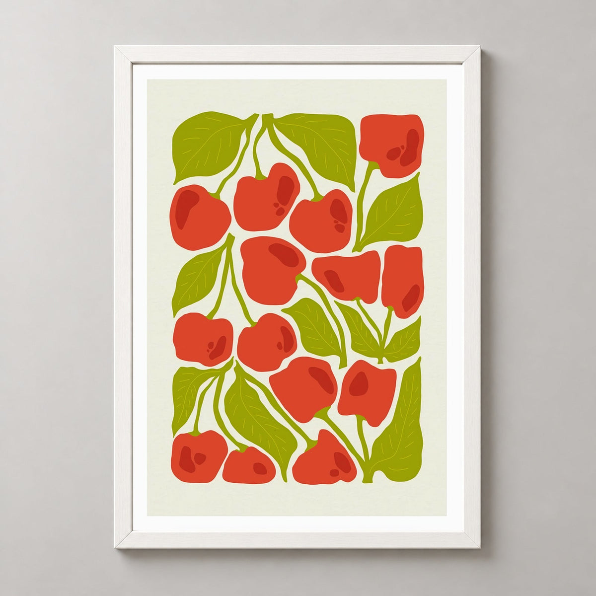 Cherry Print  | Abstract Fruit Collection | Kitchen wall art — realistic white frame studio view