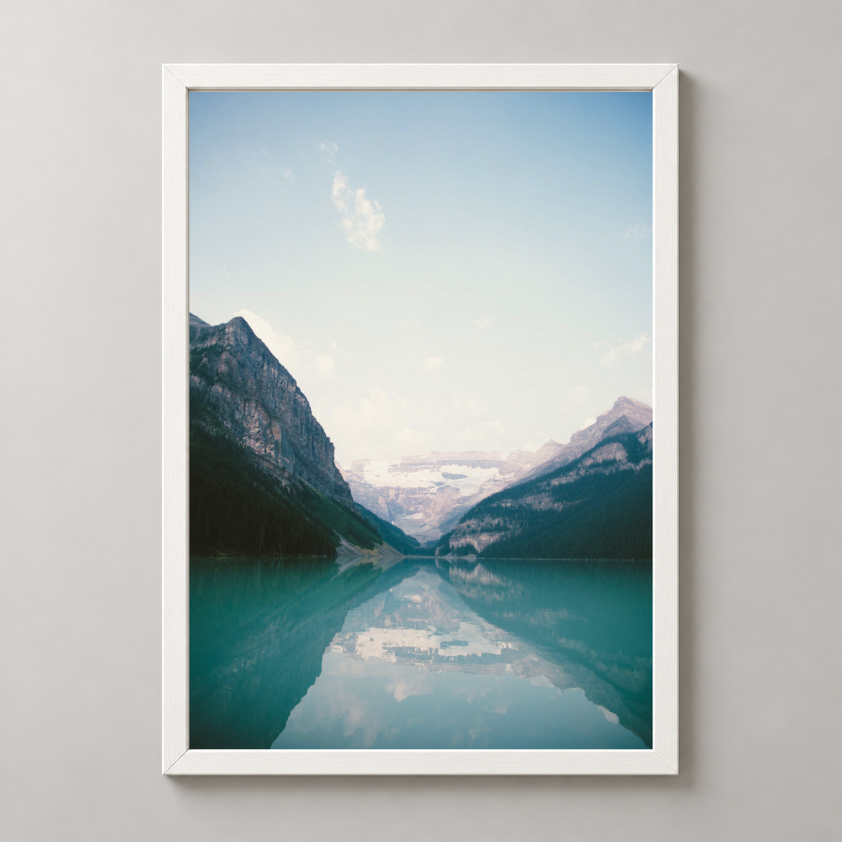 Majestic Mountain Lake Reflection - Serene Nature Photography Print — realistic white frame studio view