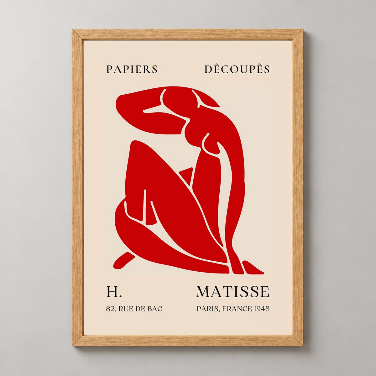 Papiers Découpés H. Matisse Print Red Silhouette (1948) — realistic natural wood frame studio view