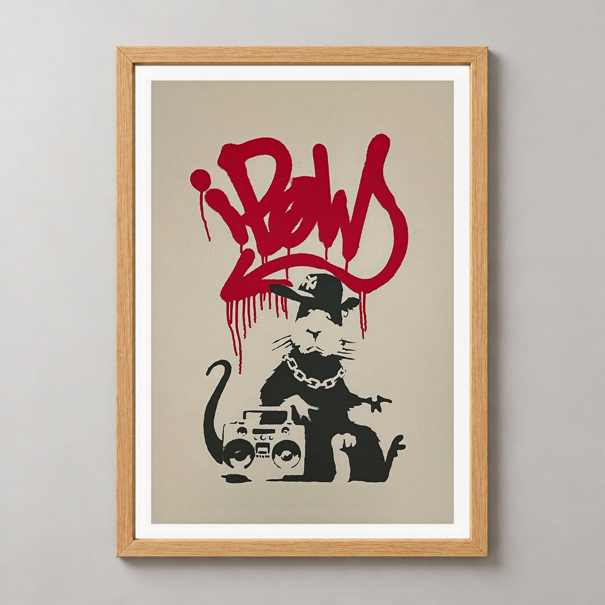 Banksy Gangsta Rat, 2004 — realistic natural wood frame studio view