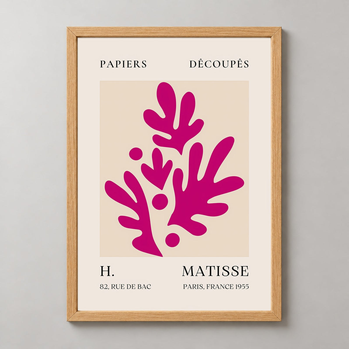 Papiers Découpés H. Matisse Print Pink Foliage II (1955) — realistic natural wood frame studio view