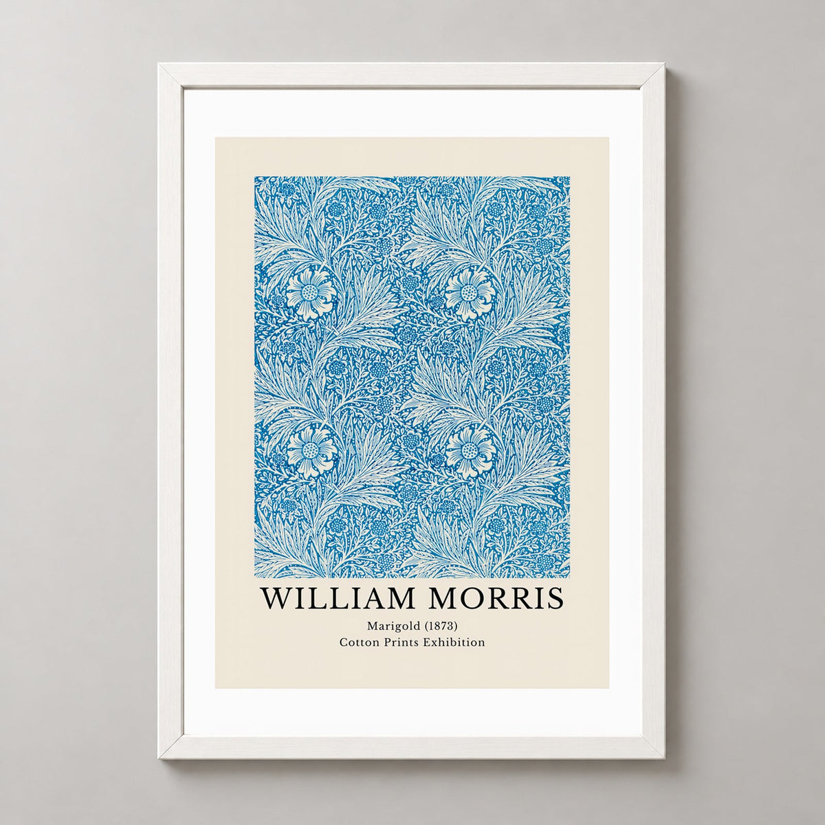 William Morris - Cotton Prints Exhibition, Marigold (1873) — realistic white frame studio view