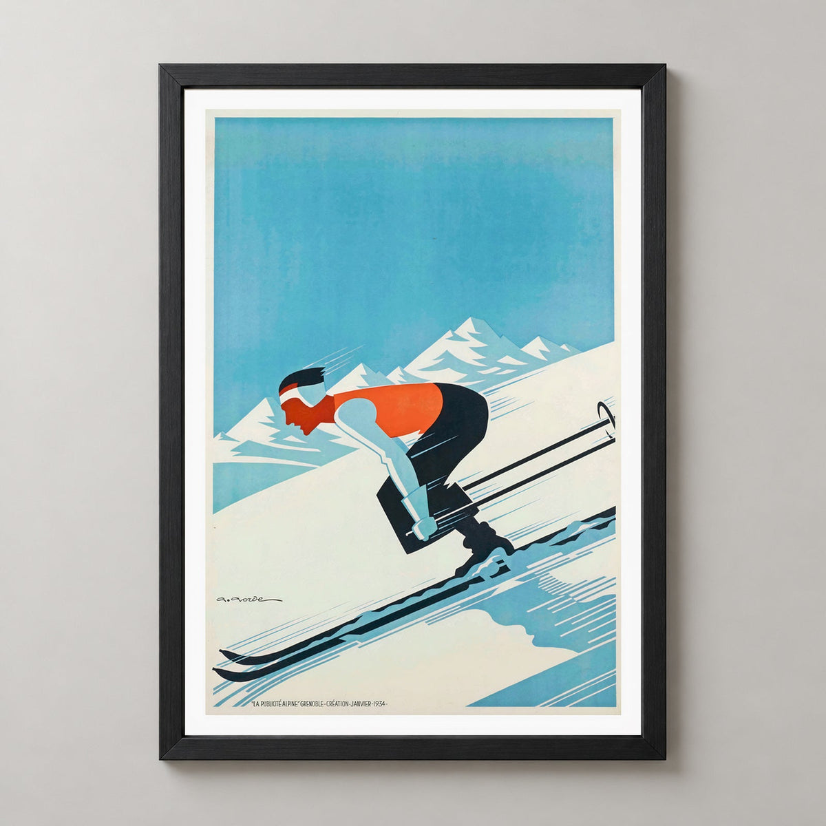 Grenoble Vintage Ski Poster - Vintage France Art Print — realistic black frame studio view