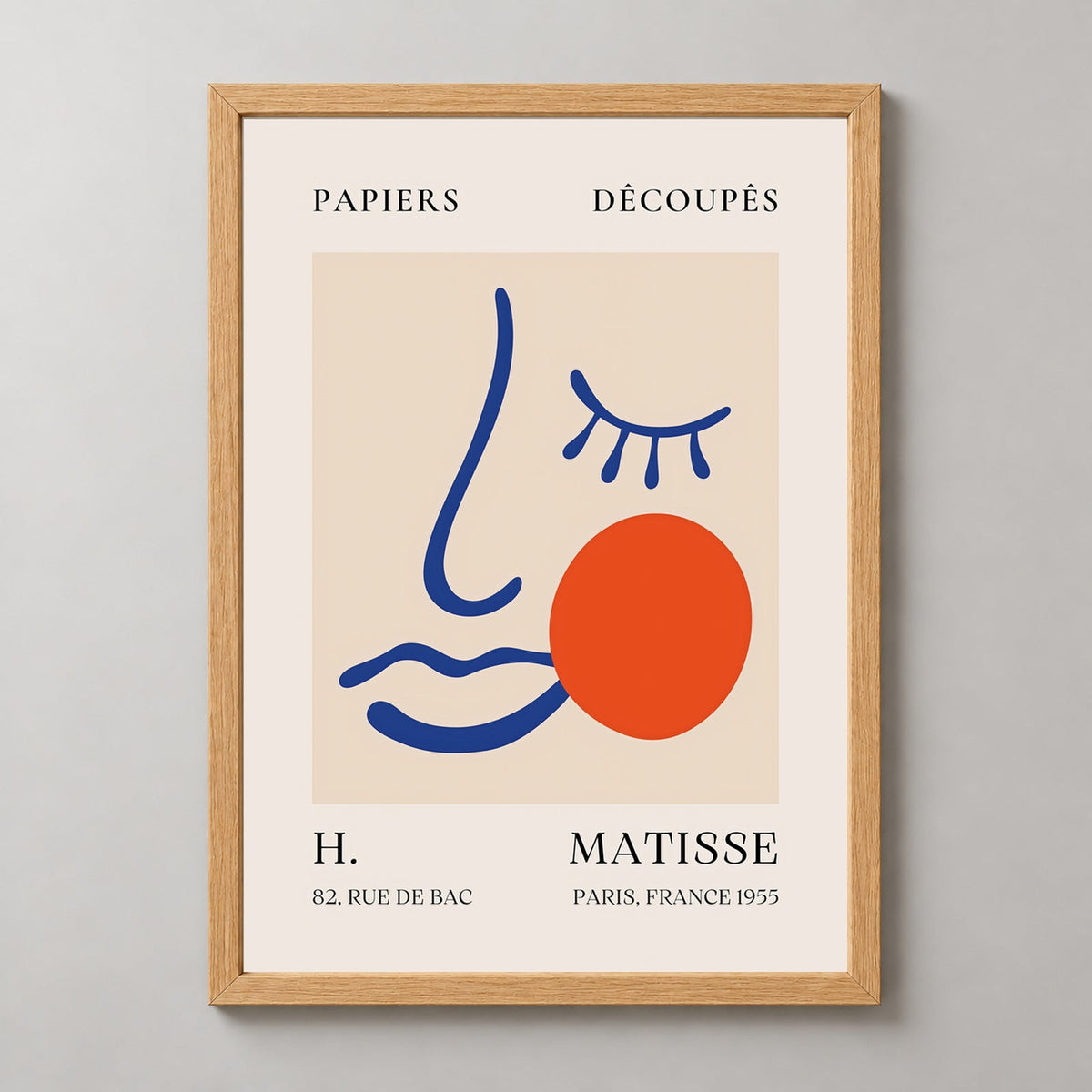 Papiers Découpés Blue Face with Orange, H. Matisse Print (1955) — realistic natural wood frame studio view