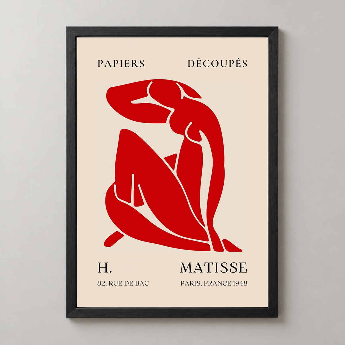 Papiers Découpés H. Matisse Print Red Silhouette (1948) — realistic black frame studio view