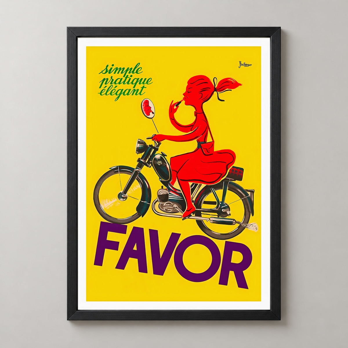 Favor Lipstick Girl on a Bicycle Vintage Advertising Poster — realistic black frame studio view