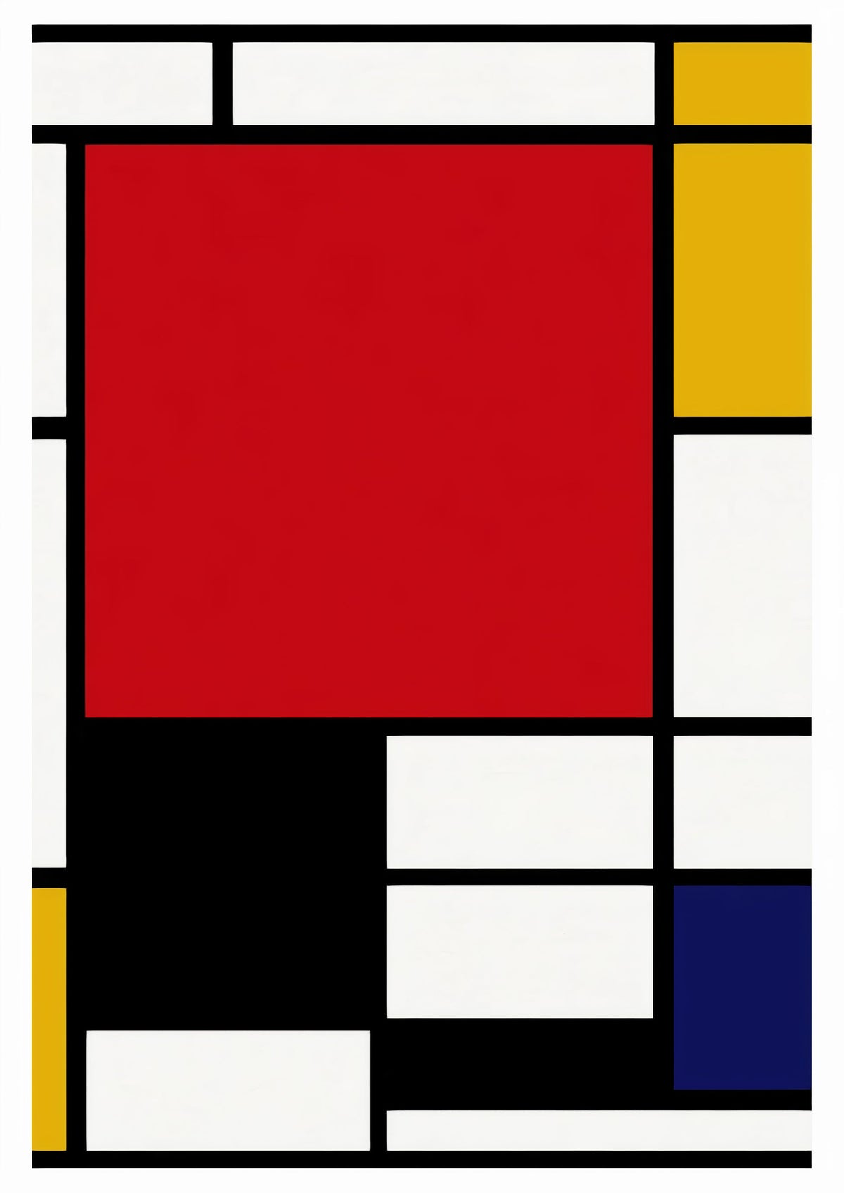 Piet Mondrian composition artwork print with large red pane, yellow, black and blue — poster only, complete unframed artwork