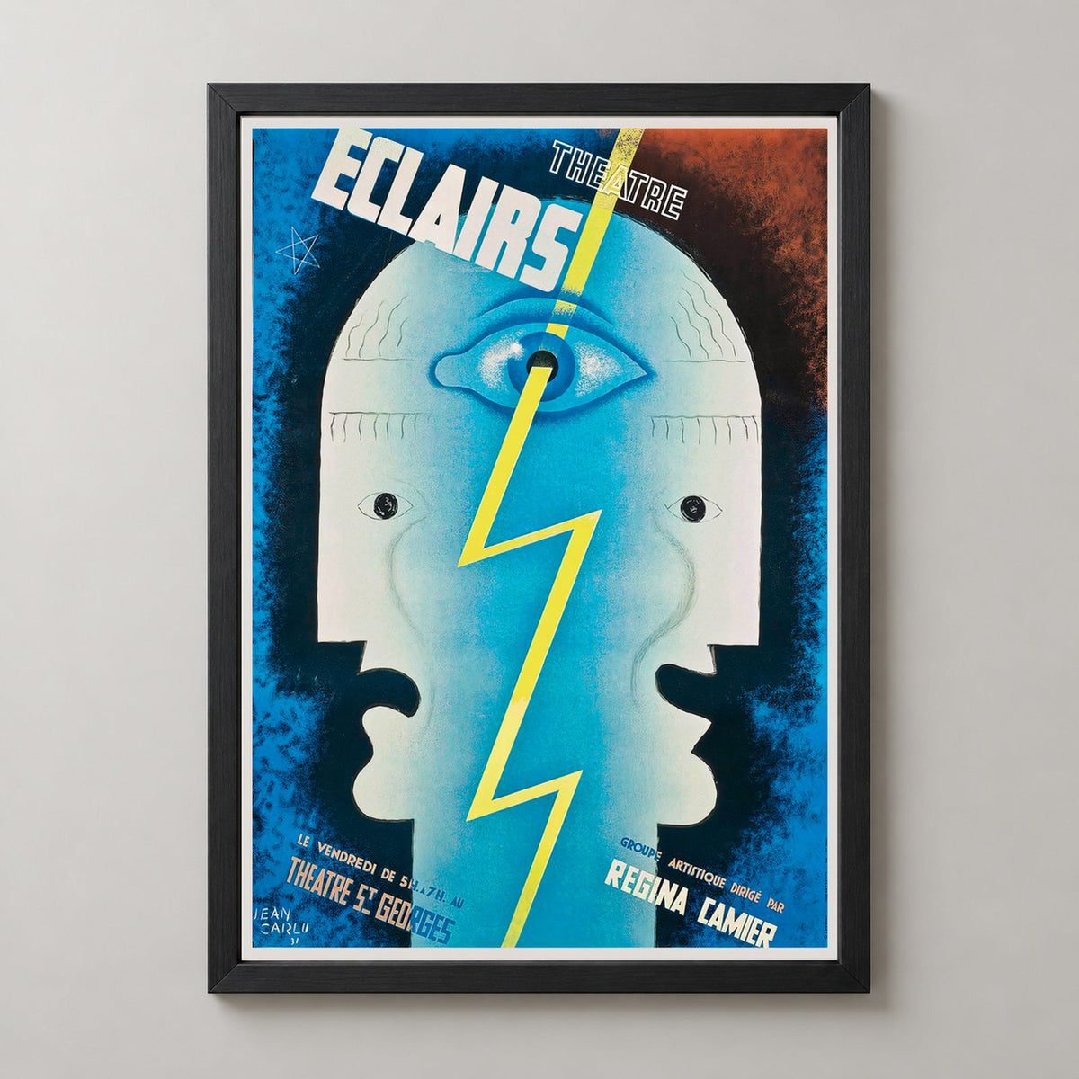 Theatre Eclairs 1929 Vintage Advertising Poster by Jean Carlu — realistic black frame studio view