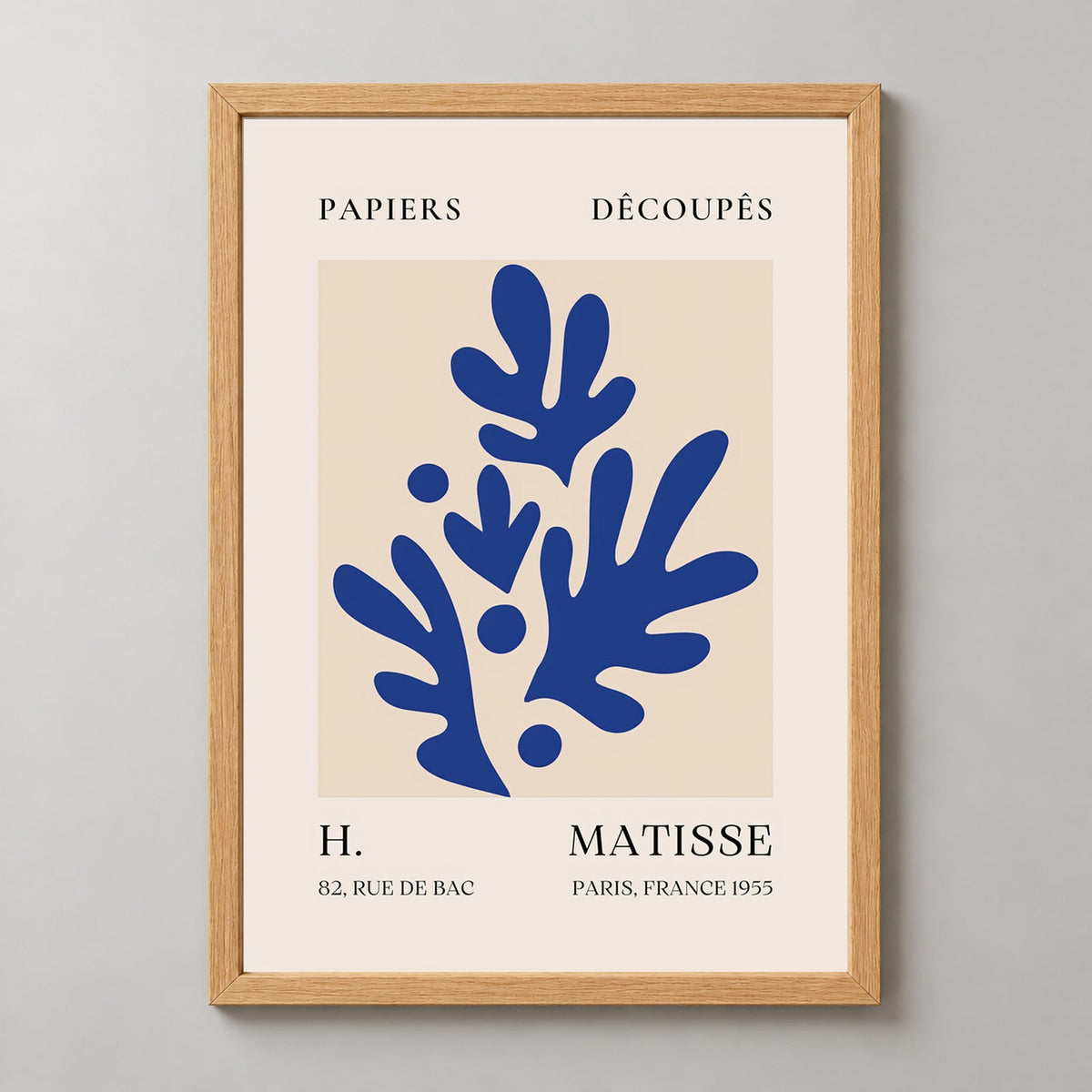 Papiers Découpés H. Matisse Blue Foliage Print II (1955) — realistic natural wood frame studio view