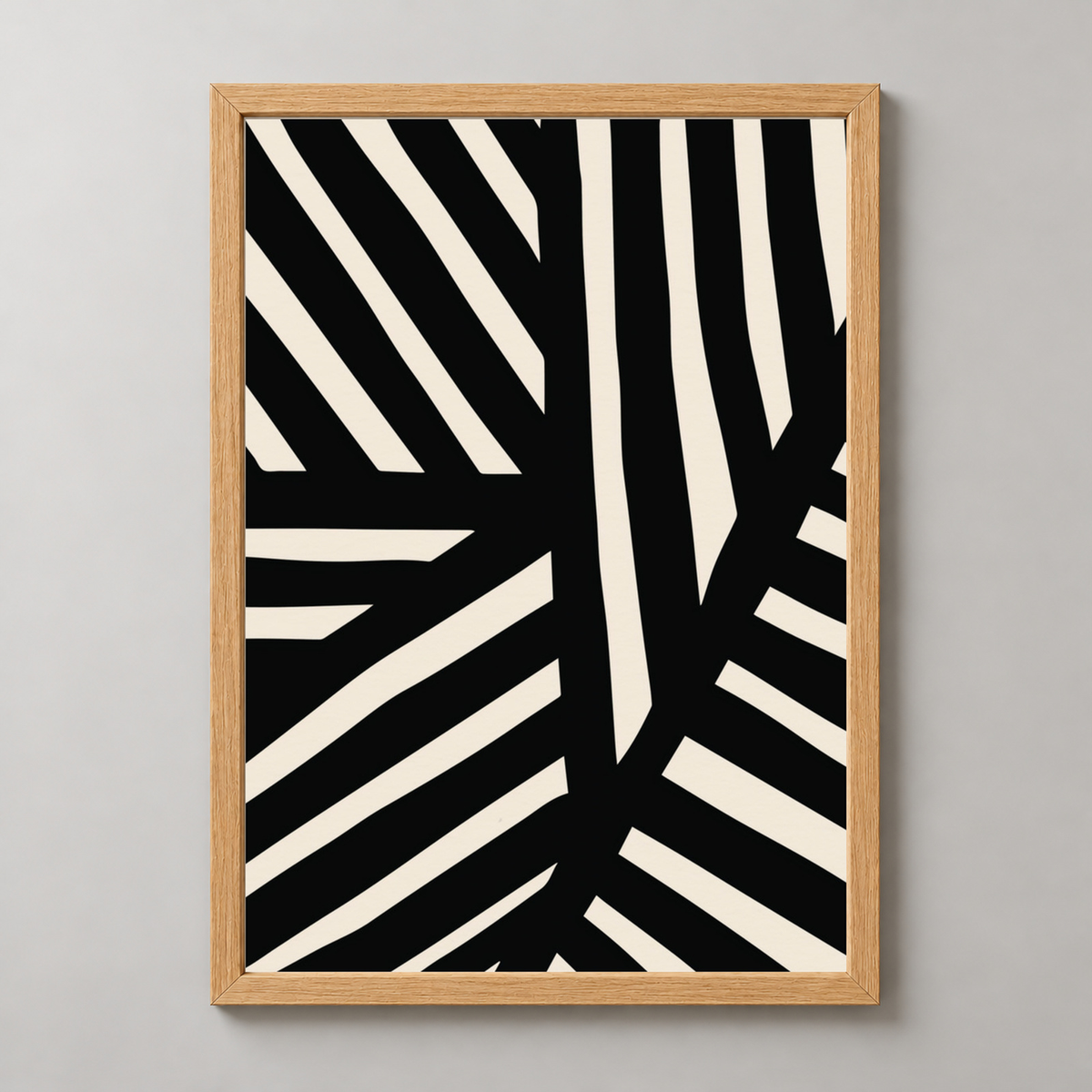 Bold Black and White Abstract Art Print — realistic natural wood frame studio view