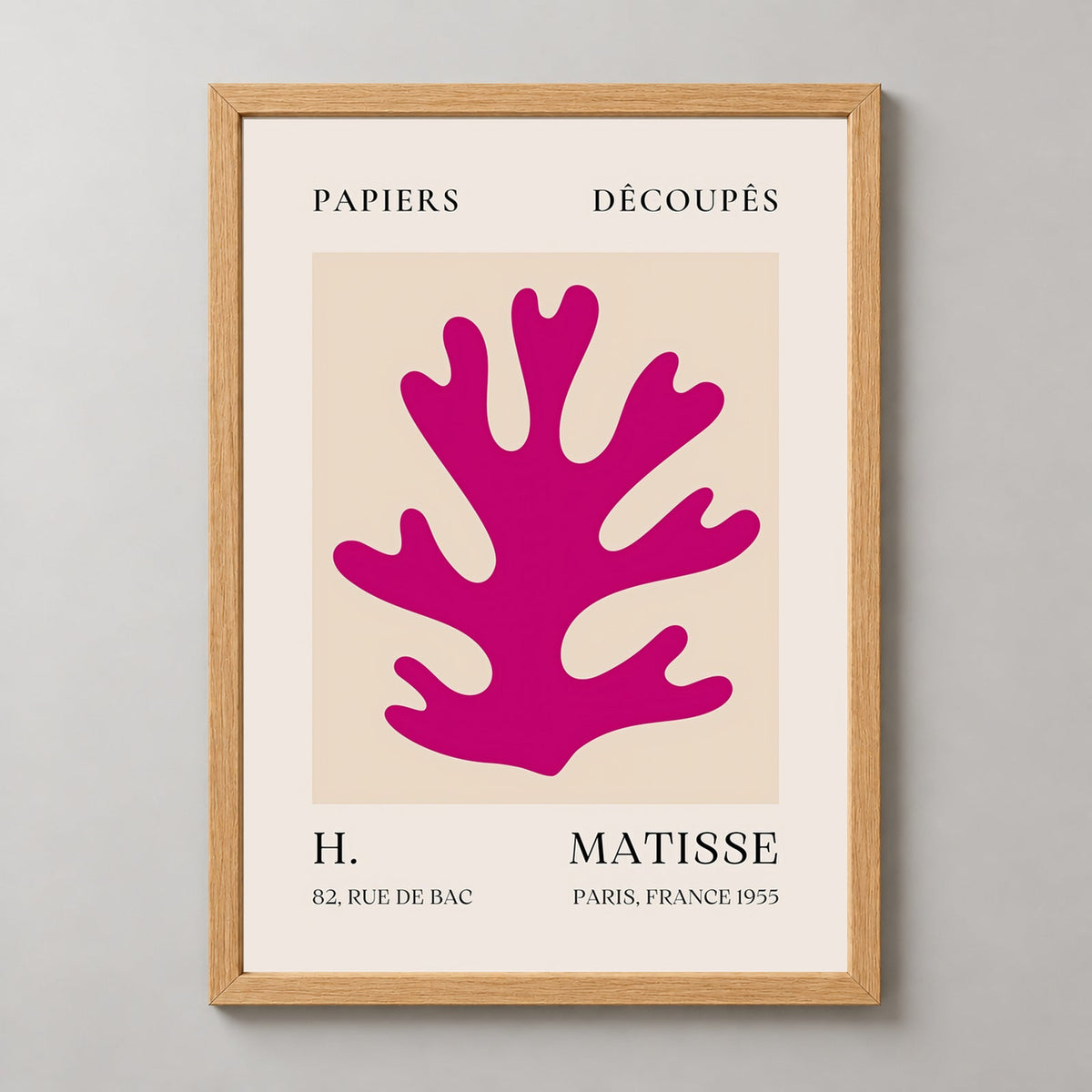 Papiers Découpés H. Matisse Print Pink Foliage (1955) — realistic natural wood frame studio view