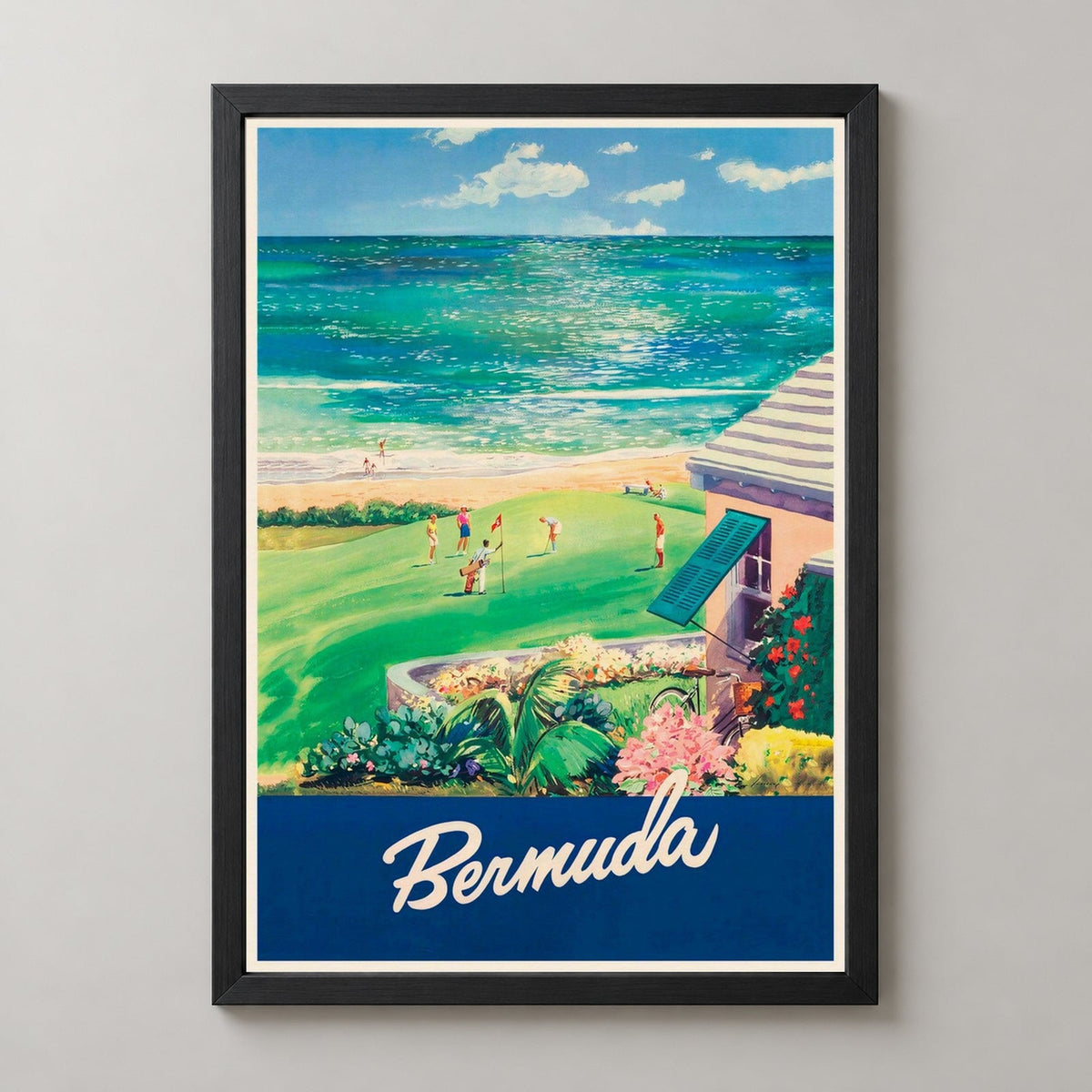 Bermuda Vintage Travel Poster — realistic black frame studio view