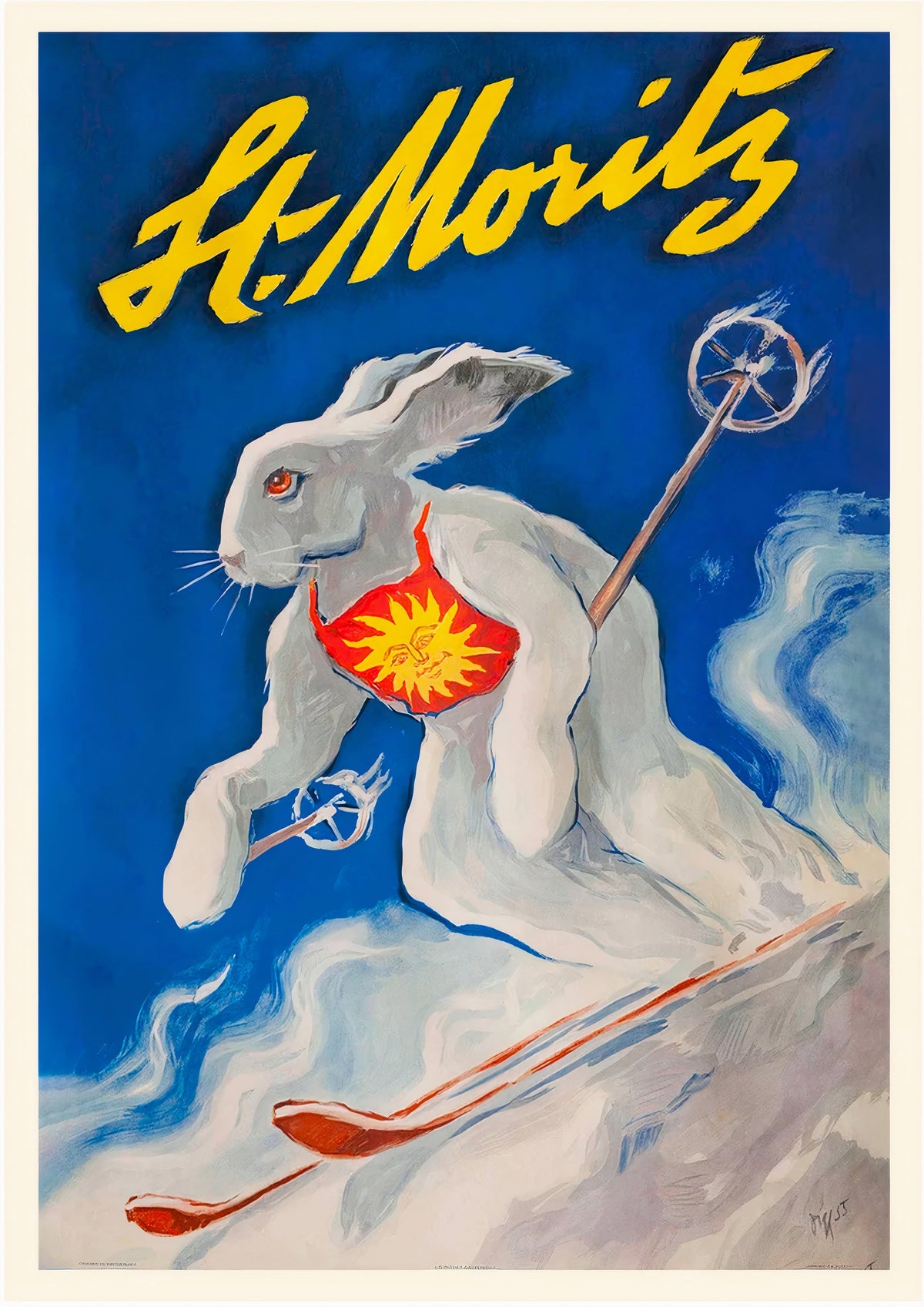 St Moritz Switzerland Vintage Downhill Ski Bunny Poster — poster only, complete unframed artwork