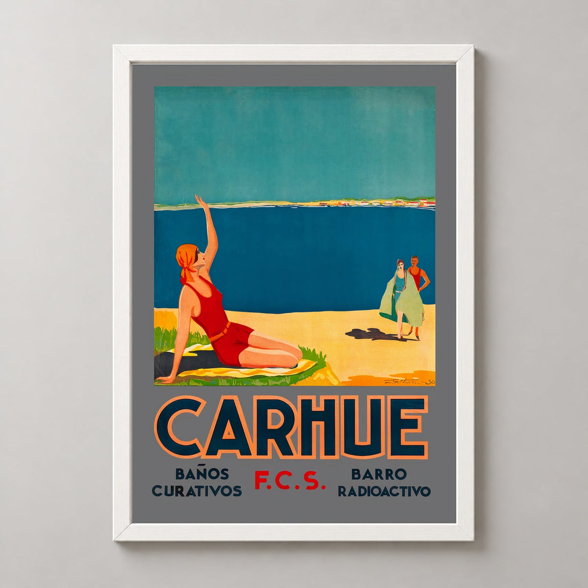 Carhué Argentina Vintage Travel Poster - Beautiful Seaside Town Art Print — realistic white frame studio view