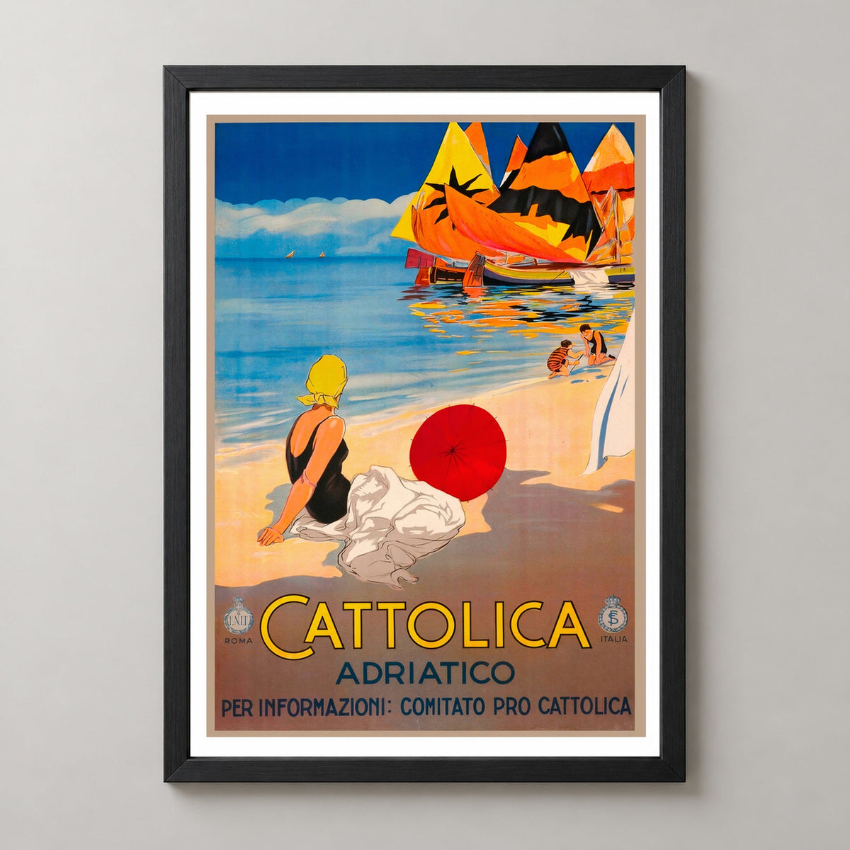 Italian Vintage Travel Poster - Cattolica Rimini, Italy — realistic black frame studio view