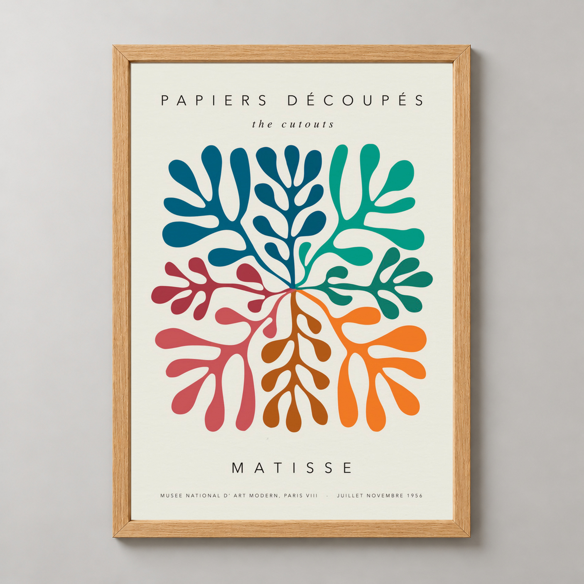 Henri Matisse's Papiers Découpés - Vibrant Mid-Century Modern Art Print — realistic natural wood frame studio view
