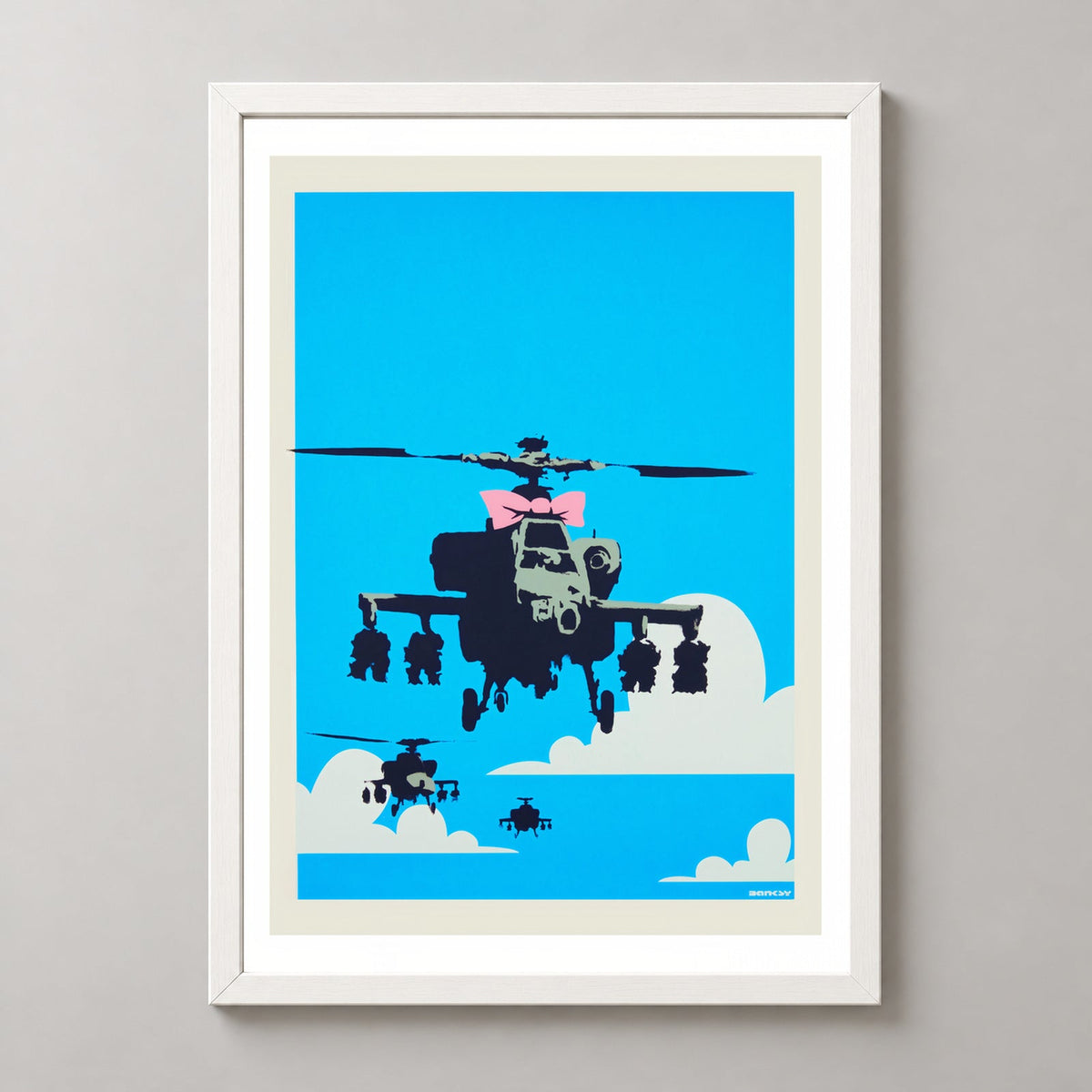 Banksy Happy Choppers, 2003 — realistic white frame studio view