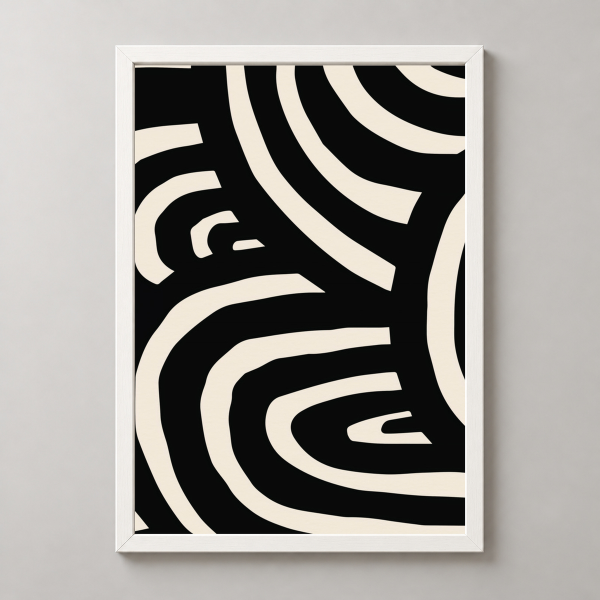 Modern Abstract Monochrome Line Art Print — realistic white frame studio view