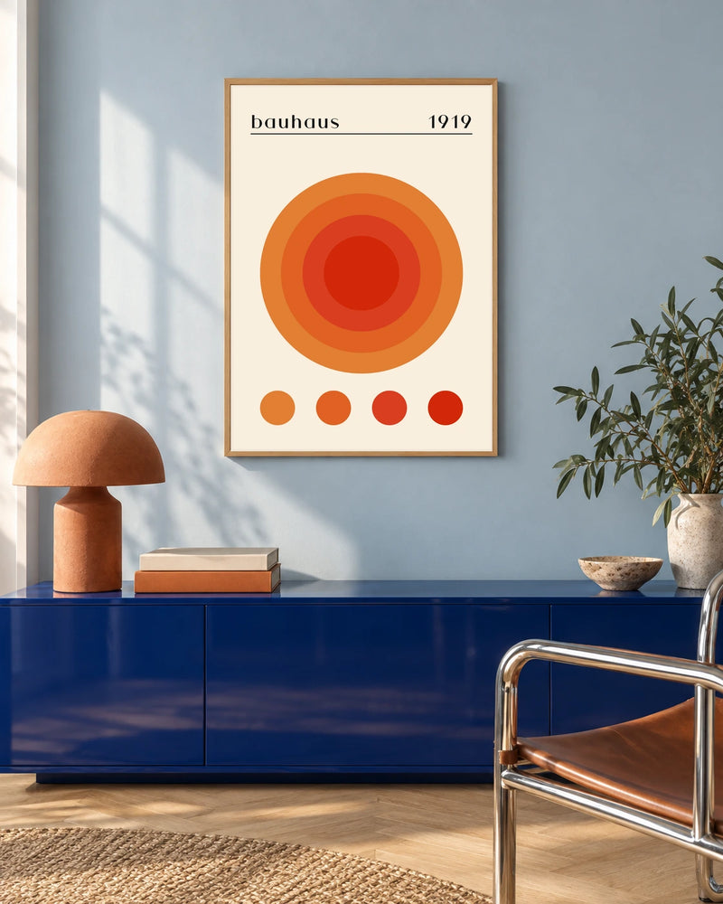 Bauhaus Amber Sun — styled room visualisation in a natural wood frame