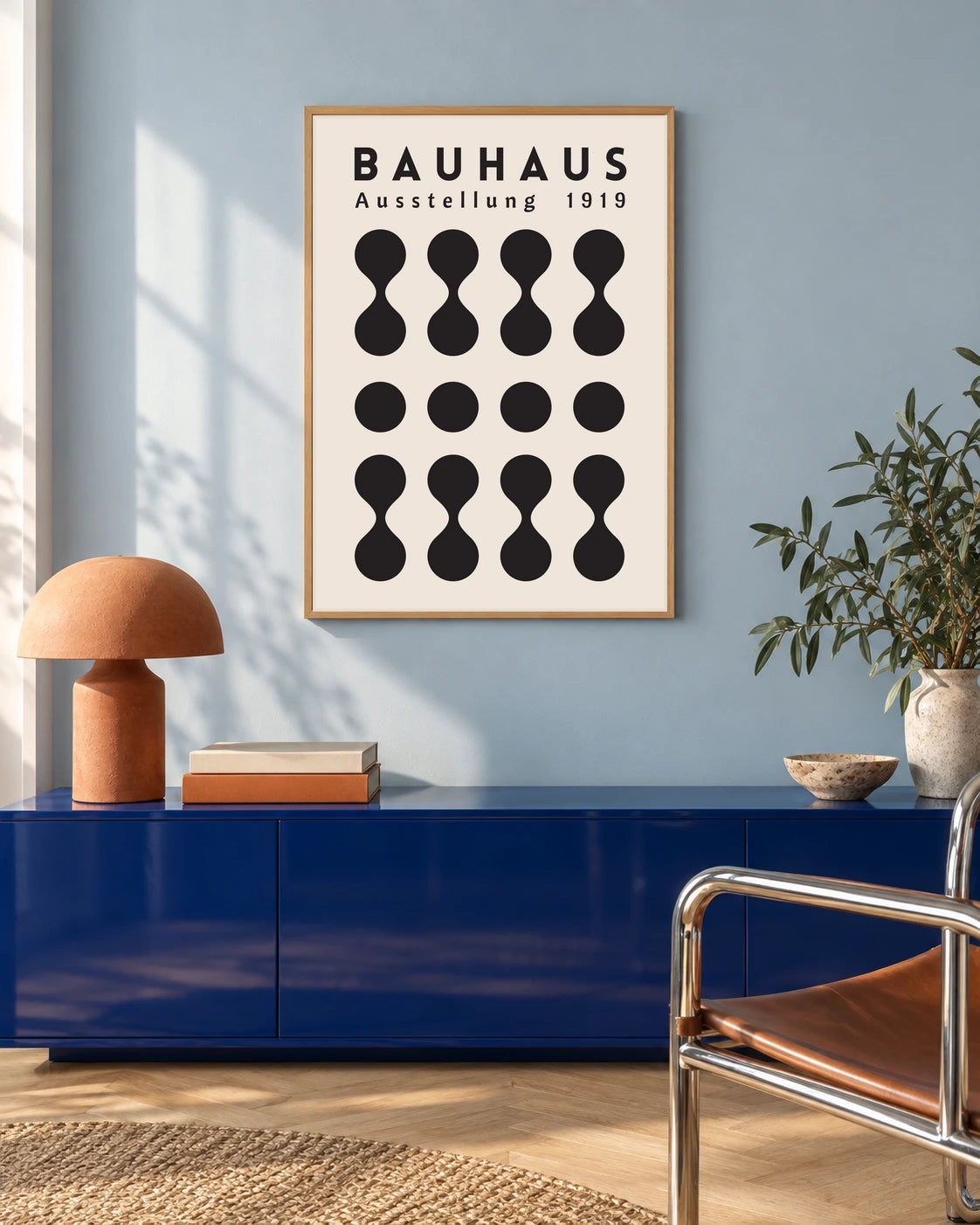 Bauhaus Black Hourglass Rhythm — styled room visualisation in a natural wood frame