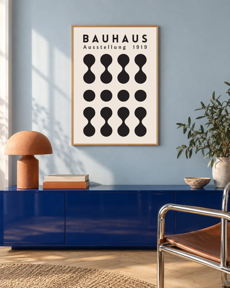 Bauhaus Black Hourglass Rhythm — styled room visualisation in a natural wood frame