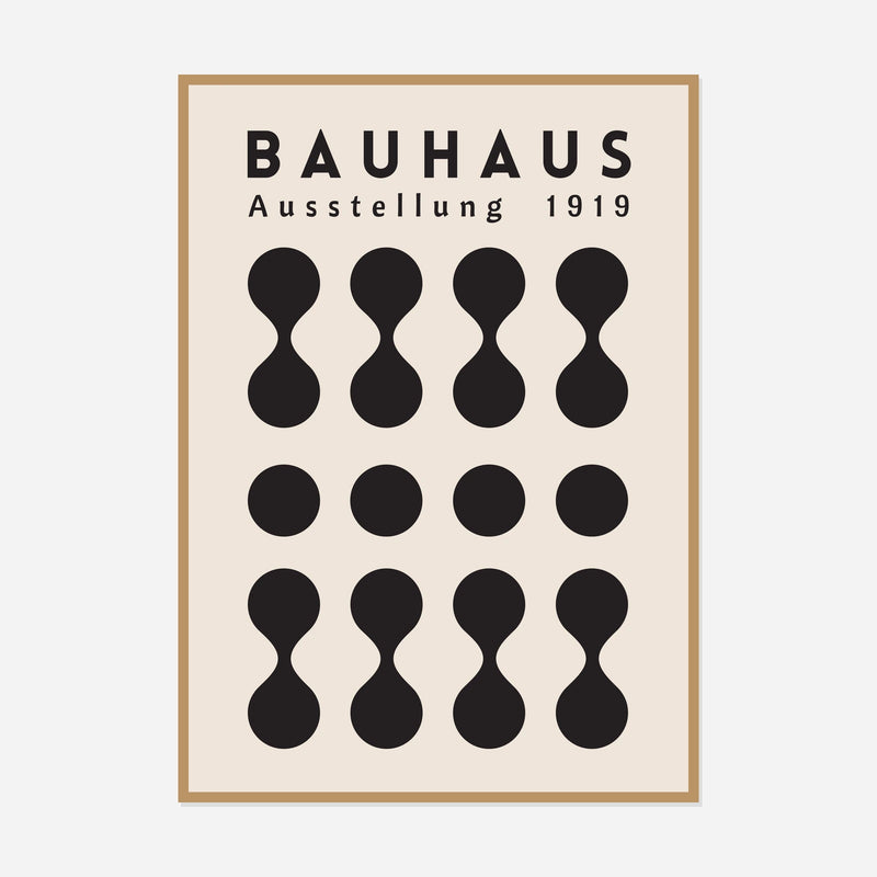 Bauhaus Black Hourglass Rhythm — front view in a natural wood frame