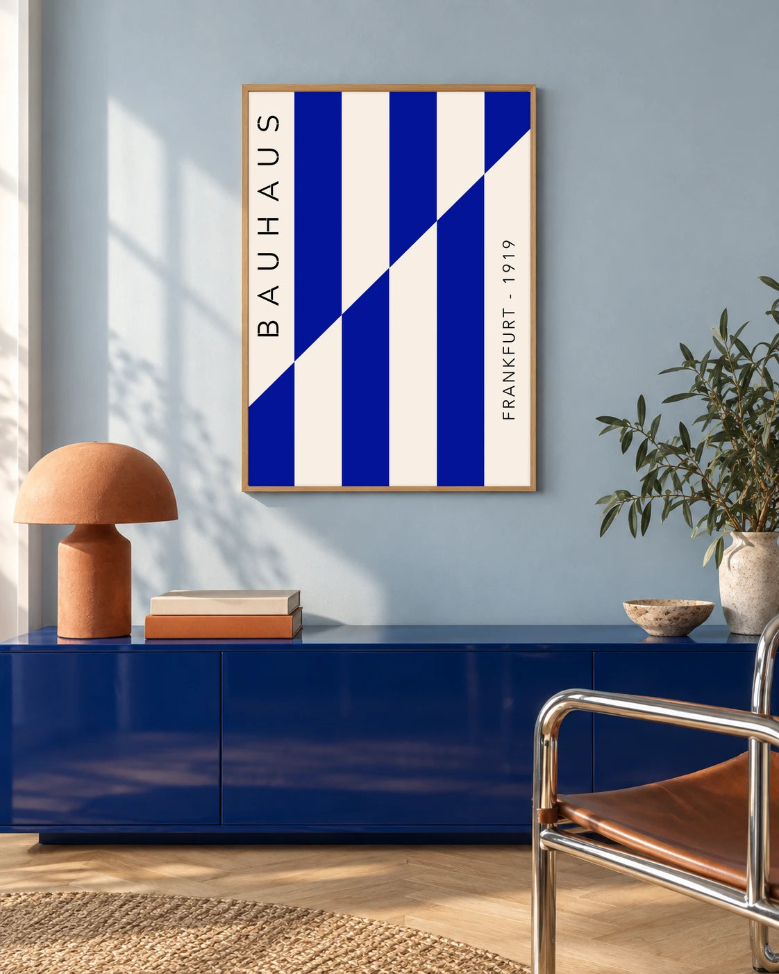 Bauhaus Blue Diagonals Art Print in a styled interior