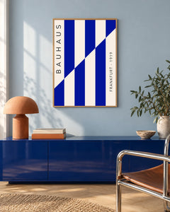 Bauhaus Blue Diagonals — styled room visualisation in a natural wood frame